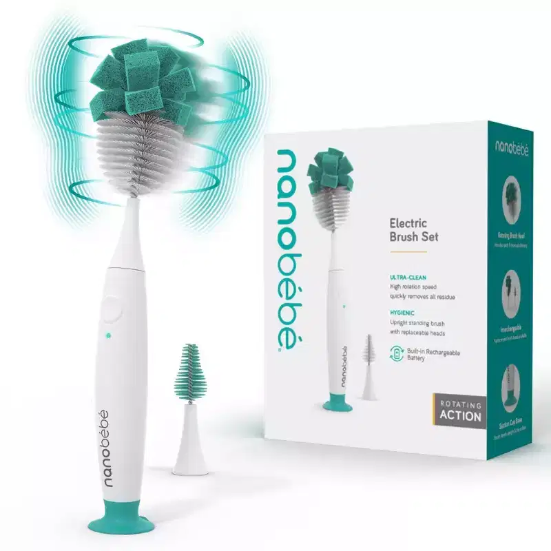 nanobebe Electric Cleaning Brush - Teal: Plastic & Silicone Bottle Brushes, Soft Grip, Non-Abrasive for Glassware