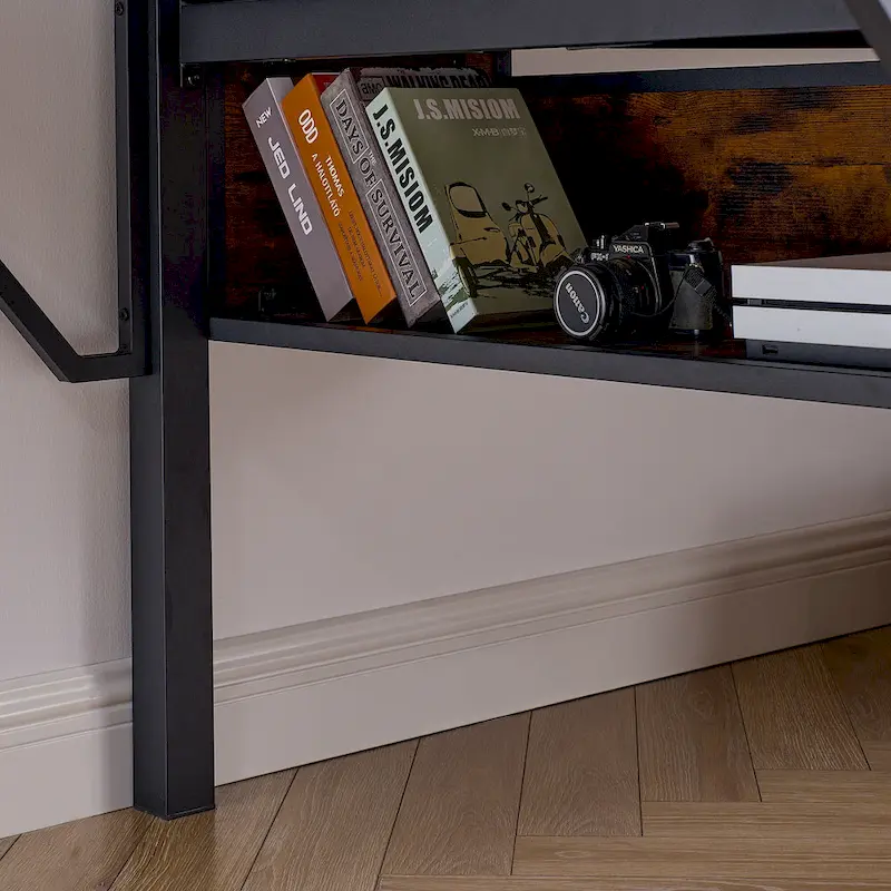 Twin Size Metal Loft Bed with Desk, LED Lights and Storage, Black+Brown