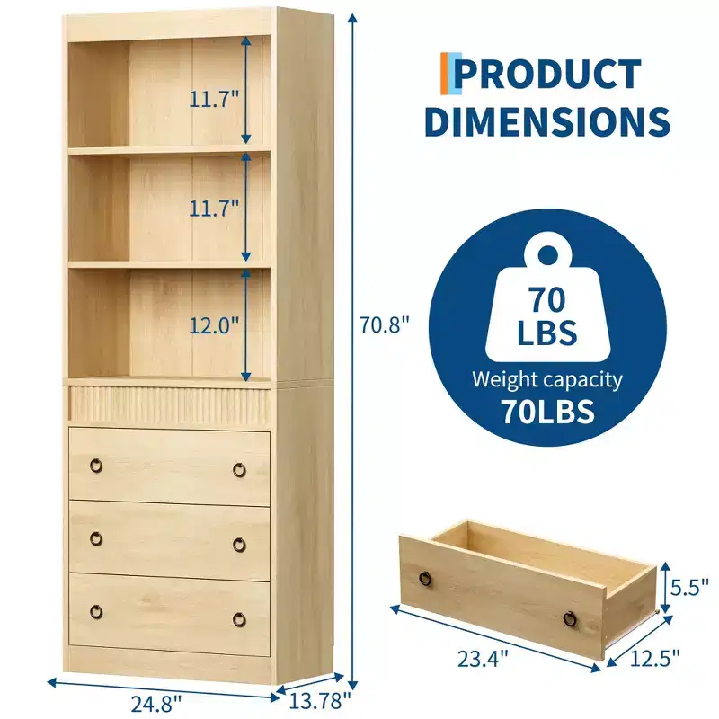 Bookshelf with Drawers 70.8 Fluted Bookcase, 6 Tier Bookcase with Storage, Tall Book Shelf with Waved Design, Storage Cabinet with Open Shelf
