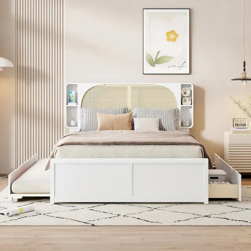 Queen Platform Bed – White, Rattan Headboard, 2 Drawers & Trundle, 4 Headboard Compartments, Sleeps 1