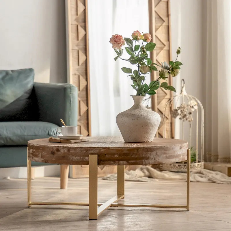 31.29 Splicing Round Coffee Table,Fir Wood Table Top with Gold Cross Legs Base
