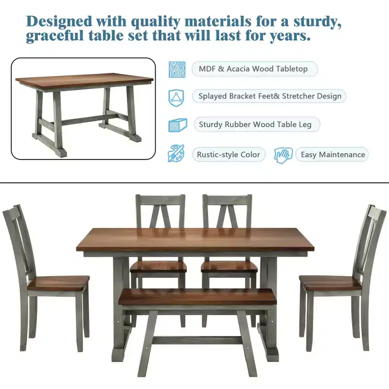 Wood Farmhouse Dining Table Set for 6, Kitchen Rectangle Table with Long Bench and 4 Dining Chairs, Gray
