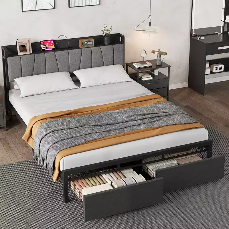 Queen Size Bed Frame with Storage Headboard and Charging Station