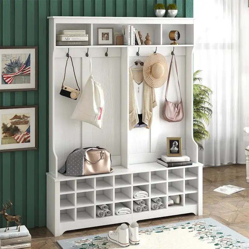 Entryway Hall Tree with Hooks, Open Shelves and 24 Shoe Cubbies, White & Black