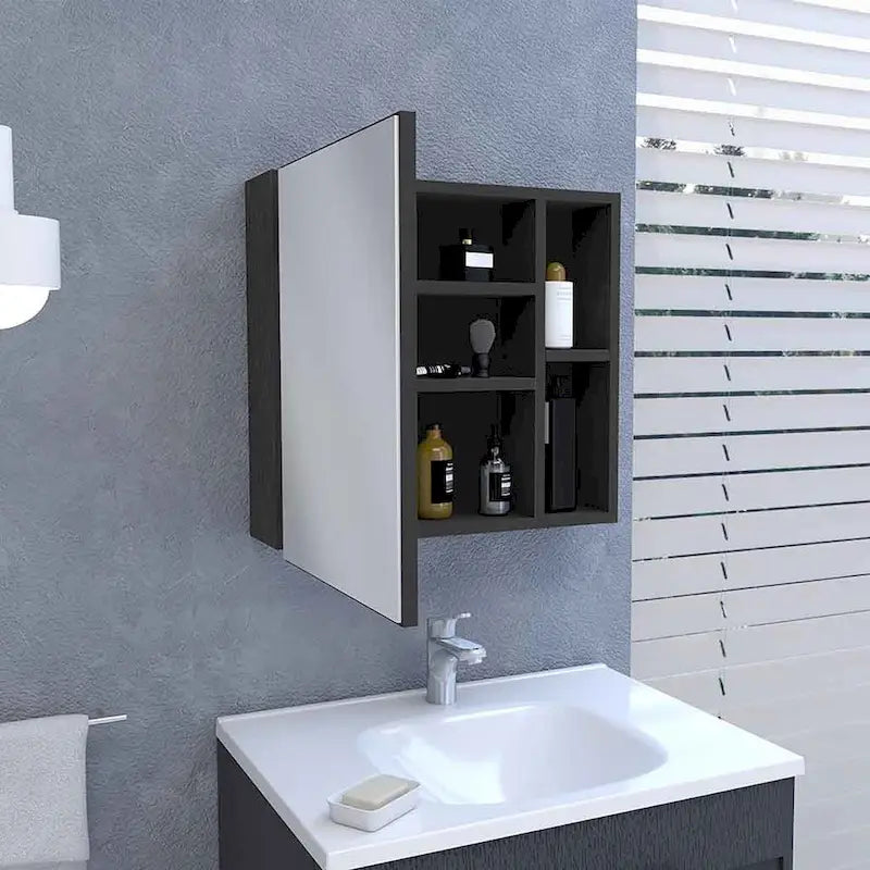 Mirror Cabinet with Three Internal Shelves, Single Door, Two External Shelves, Black Wengue Finish