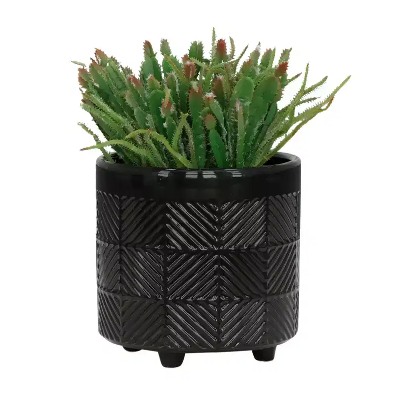 Okak Modern Textured Flower Pots with Stripes Carving Set of 2, Outdoor Planter with 3 Legs, Durable Ceramic Pot for Tabletop and Ground, Black