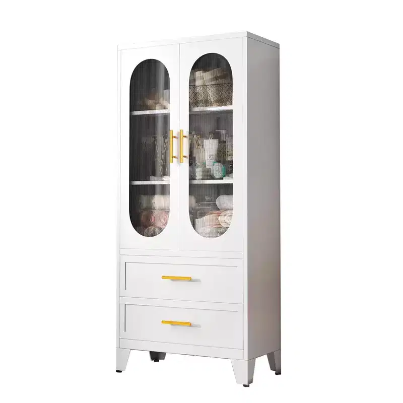 73 Tall Pantry Cabinet with Glass Doors & 2 Drawers, Modern Wooden Storage Cabinet for Kitchen/Living Room, White