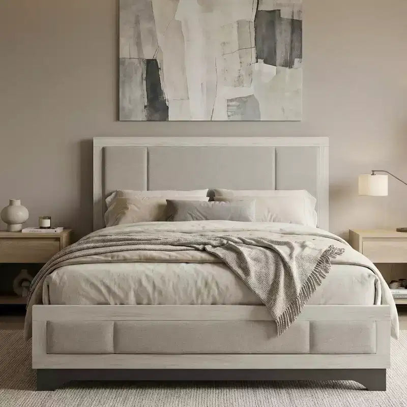 Contemporary Wood Platform Bed with Upholstered Headboard, Two-Tone White Oak and Gray