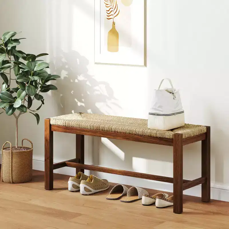Costway 40 Long Wood Bench Indoor Dining Entryway End of Bed Bench Natural Seagrass Seat