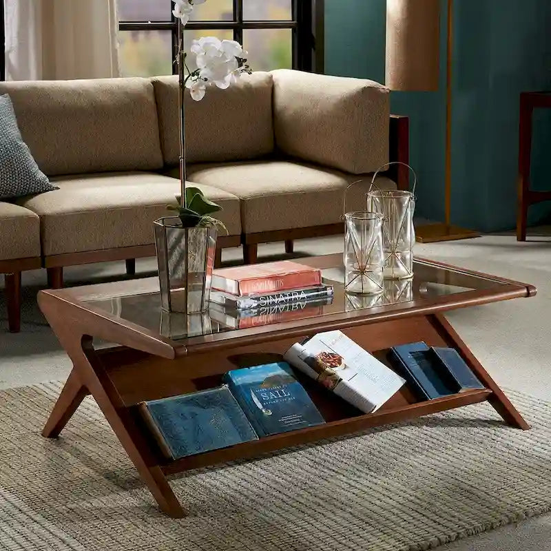 Rectangular Angular Coffee Table – Walnut, Mid-Century Style, Tempered Glass Top & Lower Shelf