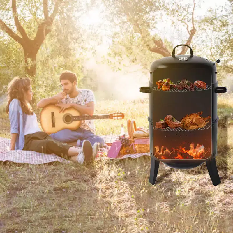 Outdoor double-layer grill, charcoal wood fired braising and smoking stove