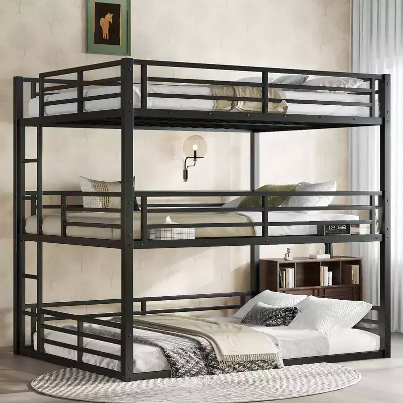 Queen over Full XL over Queen Bunk Bed Metal Triple Bunk Bed with Safety Guardrails Heavy-duty Bunk Bed with Noise-reduced Design Black