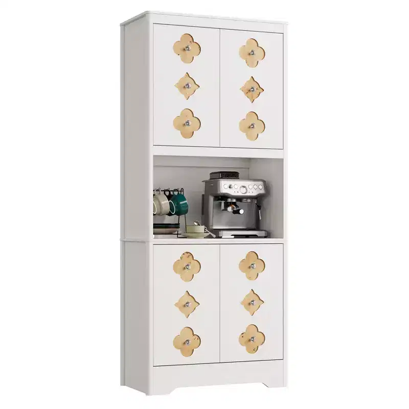 72 Tall Pantry Cabinet, Kitchen Hutch Storage Cabinet with Countertop for Microwave, Freestanding Wooden Cupboard with Floral-Carved Door