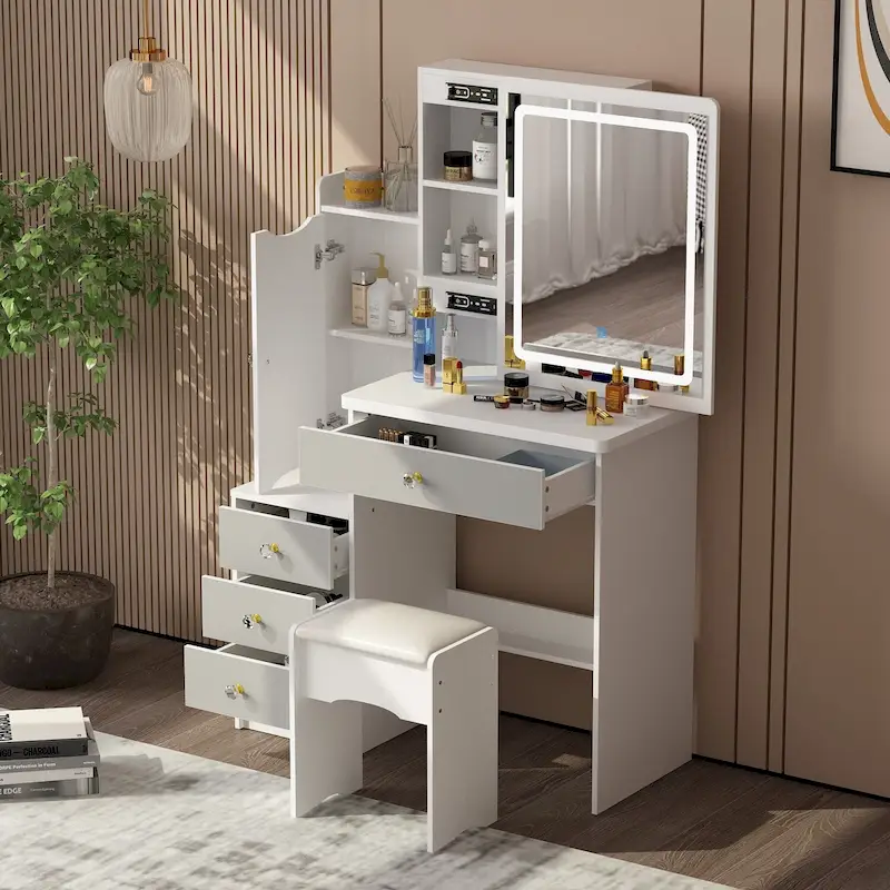 Timechee Makeup Vanity Set with Sliding Lighted Mirror Dressing Table - 33L x 15.7W x 52.4H
