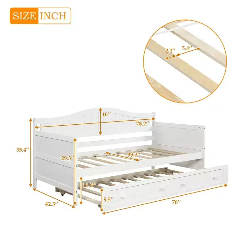Luxystar Wooden Daybed with Easy-Pull Trundle for Bedroom and Living Room