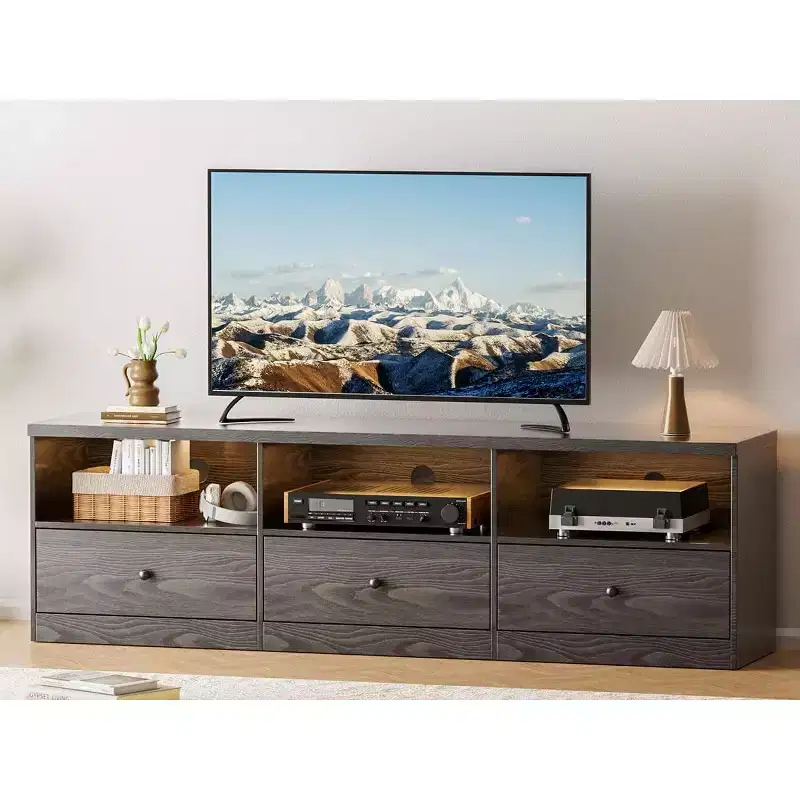 TV Stand for up to 80-Inch TVs, Media Console Table with 3 Drawers and 3 Open Shelves, TV Cabinet for Living Room Bedroom,Black