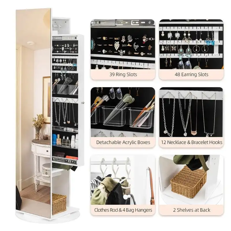 360 Full Length Mirror Jewelry Armoire with Hall Tree - N/A