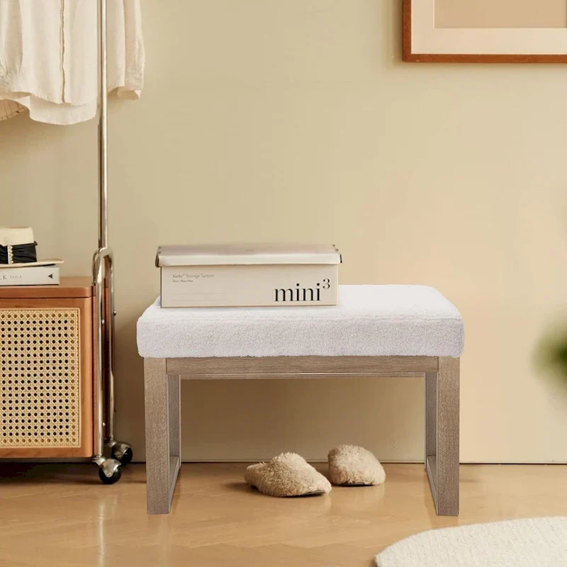 Rectangle Ottoman Bench White Velvet Upholstered Solid Wood Legs