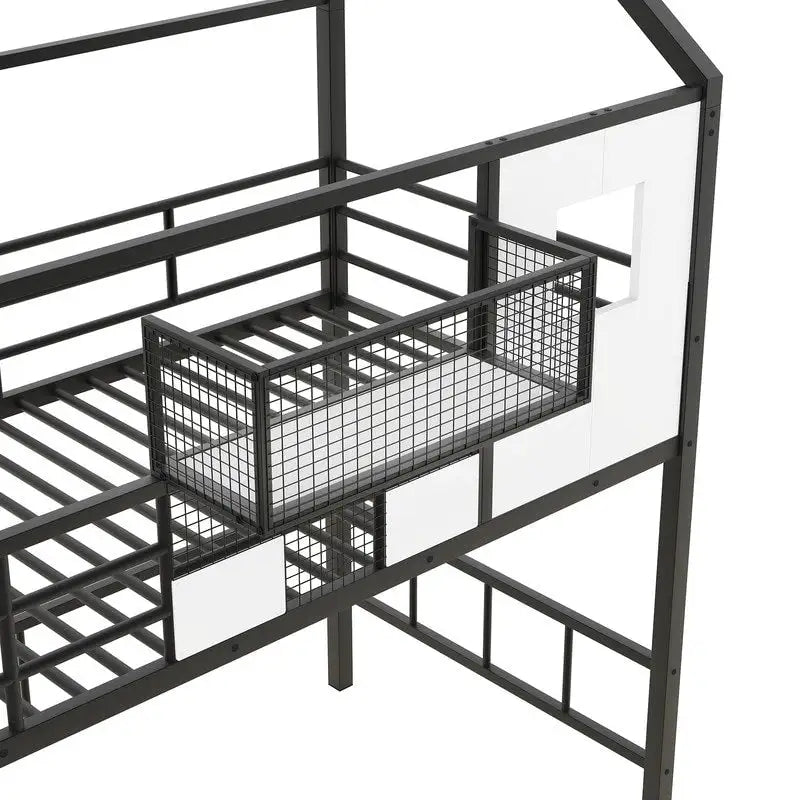 Twin Size Metal Loft Bed with roof design and a storage box