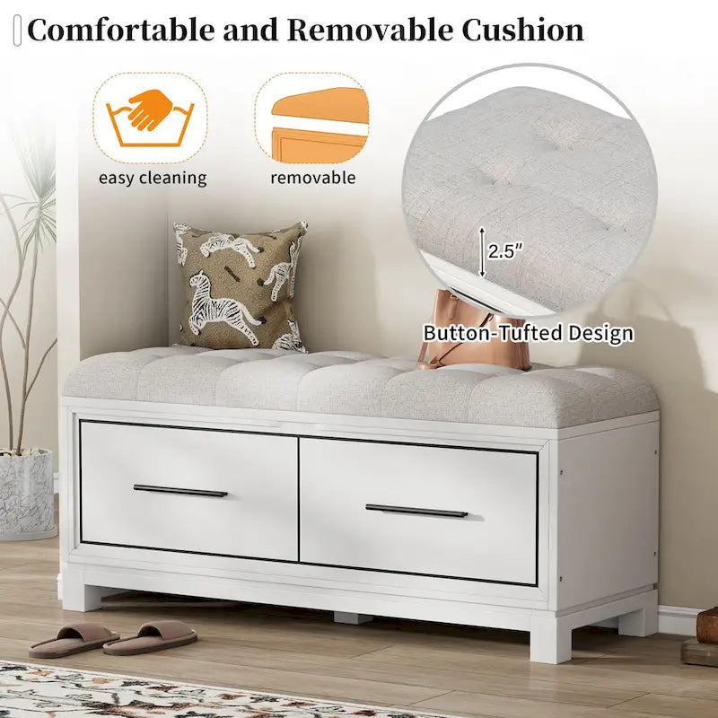 43 Shoe Bench with Removable Cushion & Lift Top Storage, Entryway Bench Wooden End of Bed Bench, Hidden Storage Space