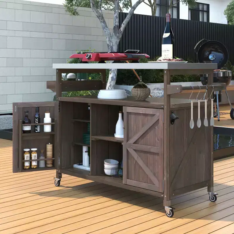 JVNOXK Farmhouse-Style Outdoor Kitchen Mobile Island with Storage Cabinets, Stainless Steel Countertop, Suitable for Kitchens, Dark Brown