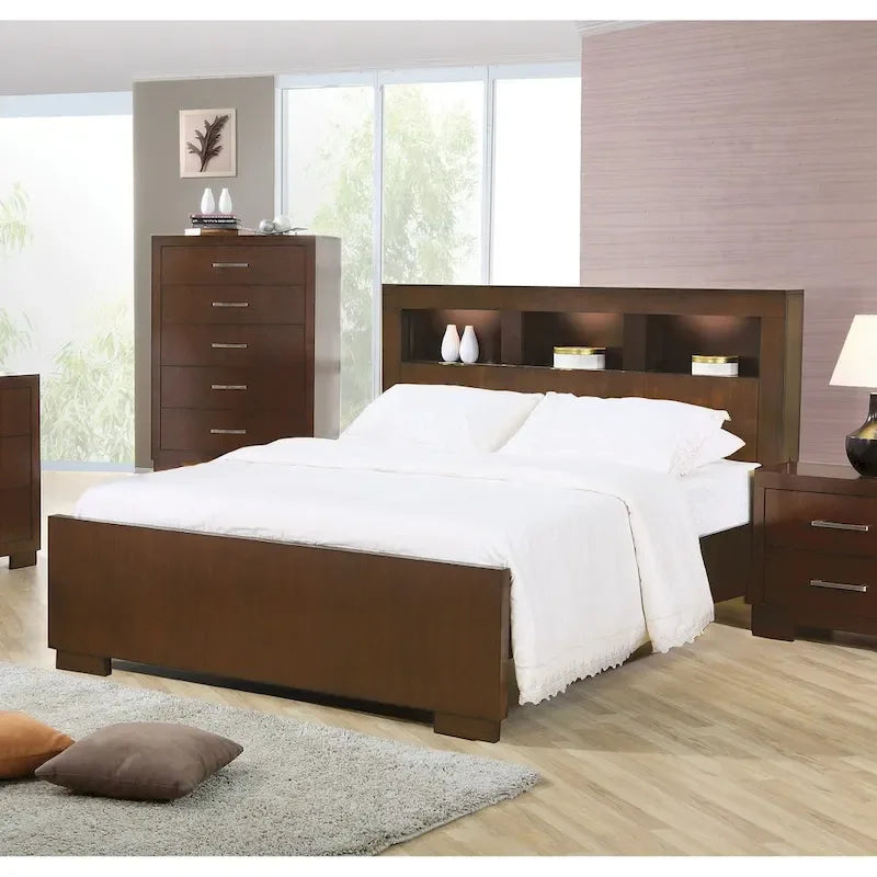Wood Bed with Bookcase Headboard in Cappuccino