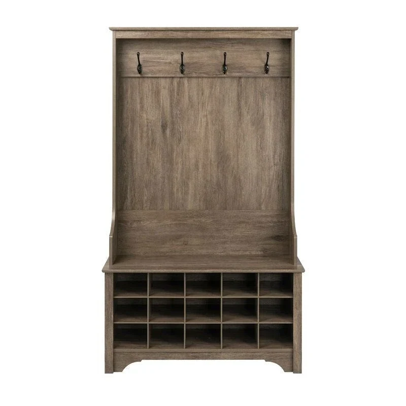 Grey Entryway Hall Tree Shoe Cubbie Coat Rack - 68 H x 38 W x 15.5 D