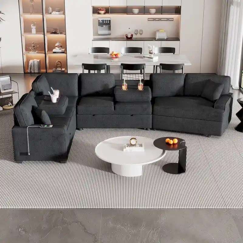 Black 126 L-Shaped 6-Seater Sofa with Pull-Out Bed and Cup Holders