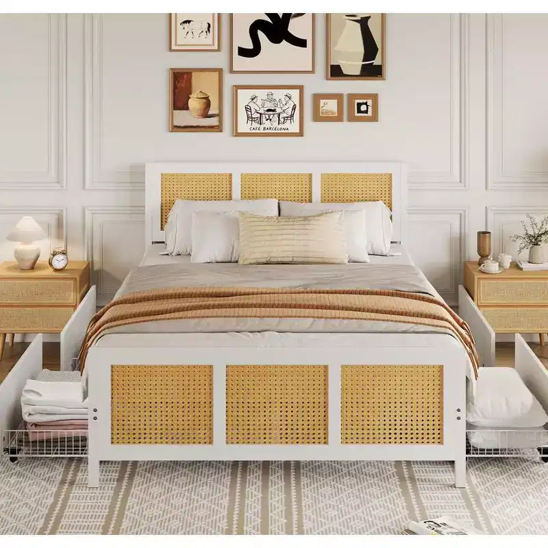 Bohemian Rattan Bed Frame with Headboard