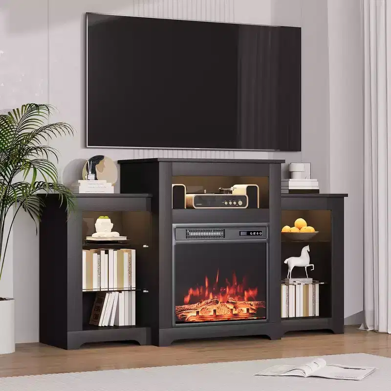 70-Inch TV Stand with Electric Fireplace and LED Lights, Black