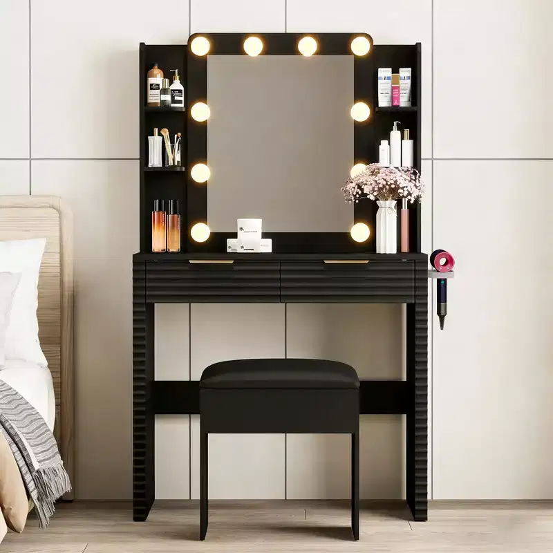 Whisen 43.5 Fluted Makeup Vanity Desk, Dressing Table with Mirror, 5 Drawers, a Glass Door Cabinet, Hairdryer Holder and Stool