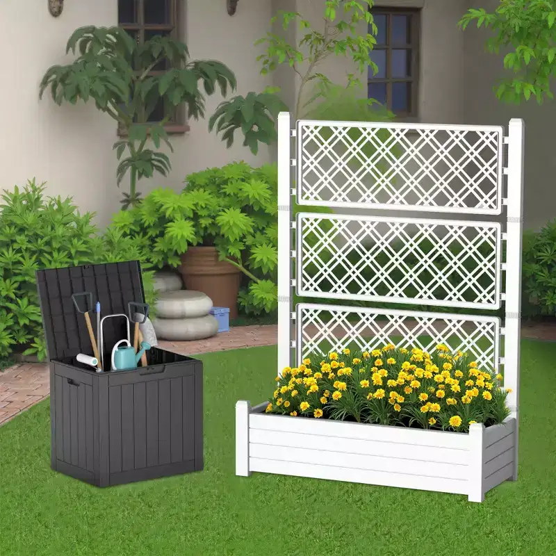 2-Piece White Outdoor Planting Bed With Grille And Black Storage Box, Suitable For Outdoor Planting
