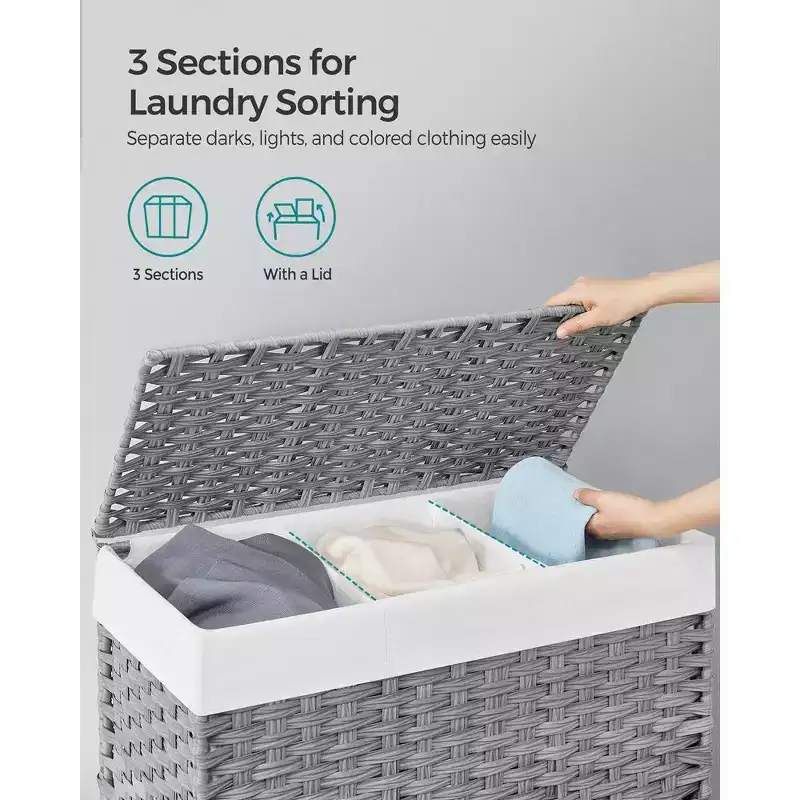 SONGMICS Laundry Hamper with Lid Rolling Laundry Basket with Wheels 3-Section Synthetic Rattan Laundry Hamper