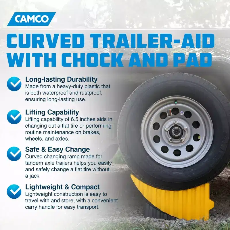 Camco Curved Trailer Aid, Chock, & Pad Flat Tire Changing Ramp with 6.5 Lifting Capability for Tandem Axle Trailer, Holds Up to 20,000 Pounds, Yellow