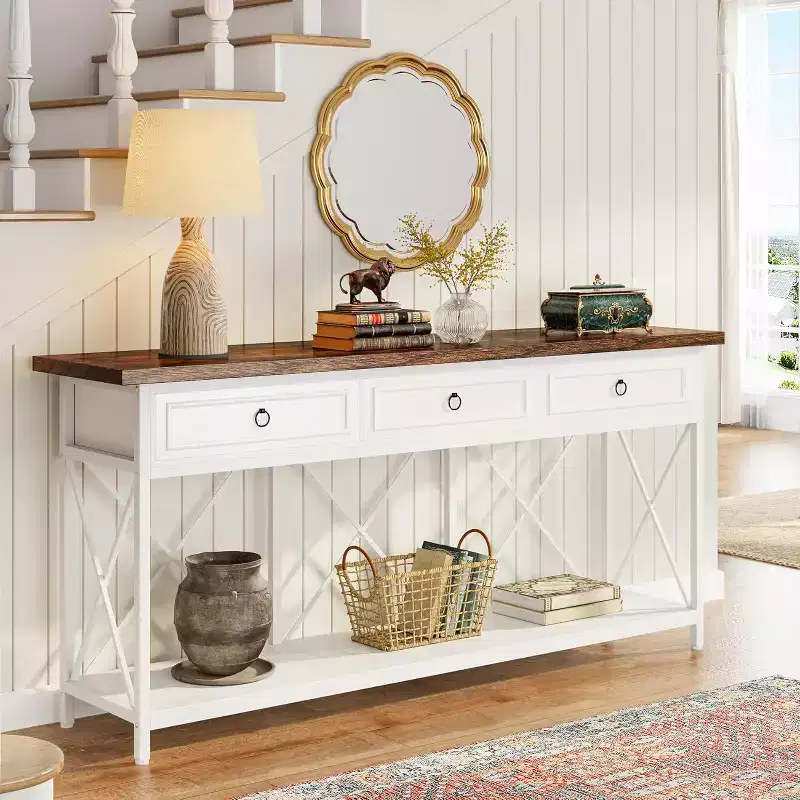70.8-Inch Console Table with 3 Drawers, Farmhouse Entryway Table with Storage Shelf for Entryway, Hallway, White & Brown