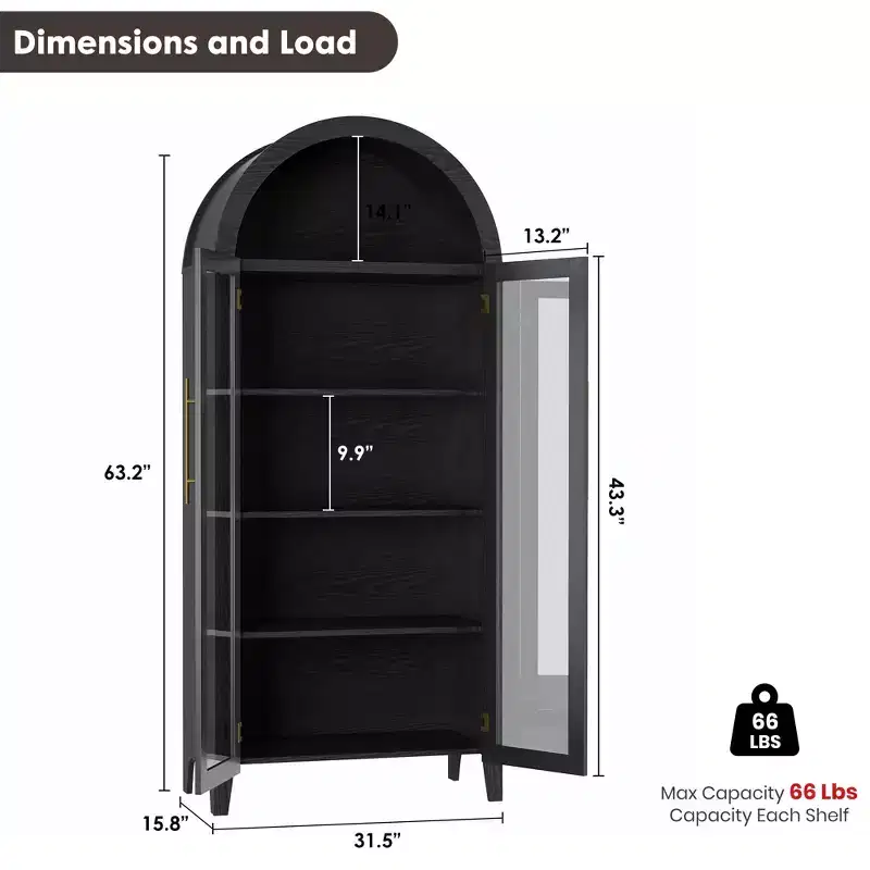 63 Tall Arched Kitchen Pantry Storage Cabinet with Glass Doors,5 Tier Modern Bookshelf w/ Adjustable Shelf,Farmhouse Wooden Storage Cabinet
