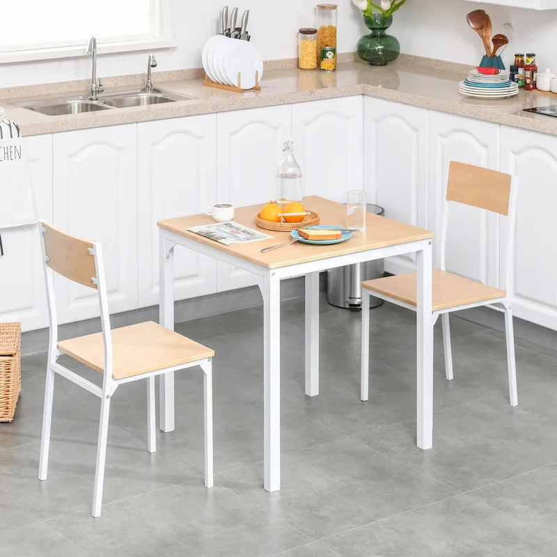 HOMCOM 3-Piece Wooden Square Dining Table Set with 1 Table and 2 Chairs and Sturdy Metal Frame, White