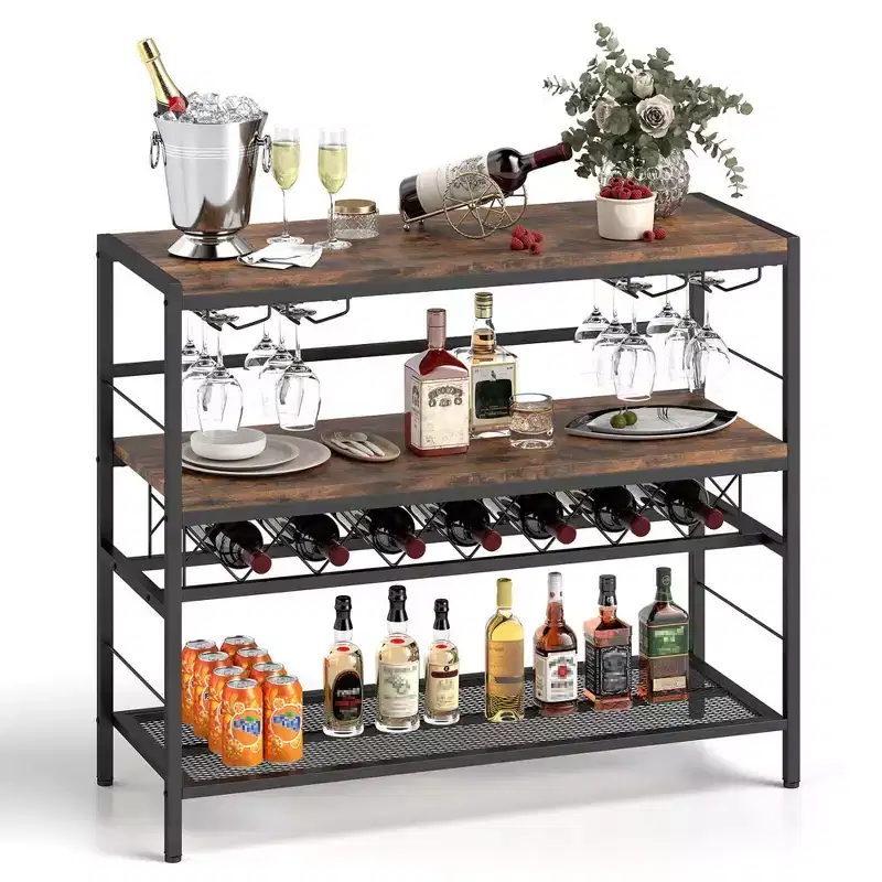 41 Wine Rack with 4 Glass Holders Wide Countertop Middle & Bottom Storage Shelves