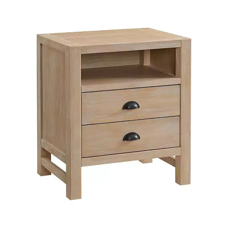 Arden 2 Drawer Wood Nightstand Light Driftwood - Alaterre Furniture: Rustic Pine Frame, Open Shelf, Oil Rubbed Bronze Hardware