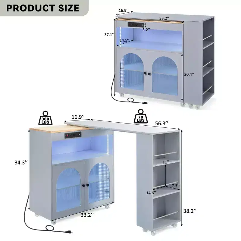 Rolling Kitchen Island on Wheels with Extended Table, LED Lights, Power Outlet, 2 Fluted Glass Doors, Storage Compartment, 3 Open Side Shelves