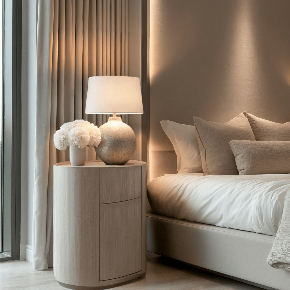 Travertine Effect Round Bedside Table