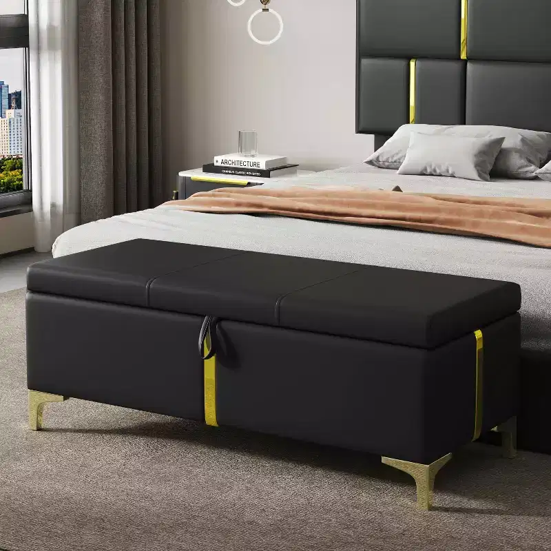 MAYEERTY upholstered Storage Ottoman Storage Bench with Metal Legs for Bedroom Black