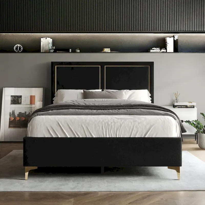 Minimalist Velvet Upholstered Bed with Gold Strip Detail