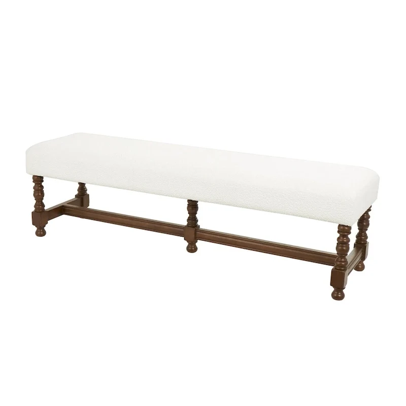 Fabric Home Bench with Brown Traditional Wood Turned Legs - Cream - Roche River Decor