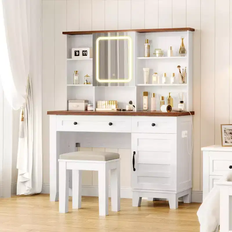 Makeup Vanity Desk,Makeup Vanity with Mirror and Lights & Power Outlet, Makeup Table with 2 Drawers and Cushioned Stool, Dressing Table