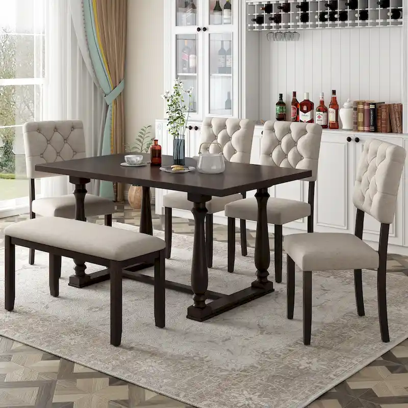 Espresso Retro 6-Piece Wooden Dining Table Set with Rectangular Table & 4 Chairs