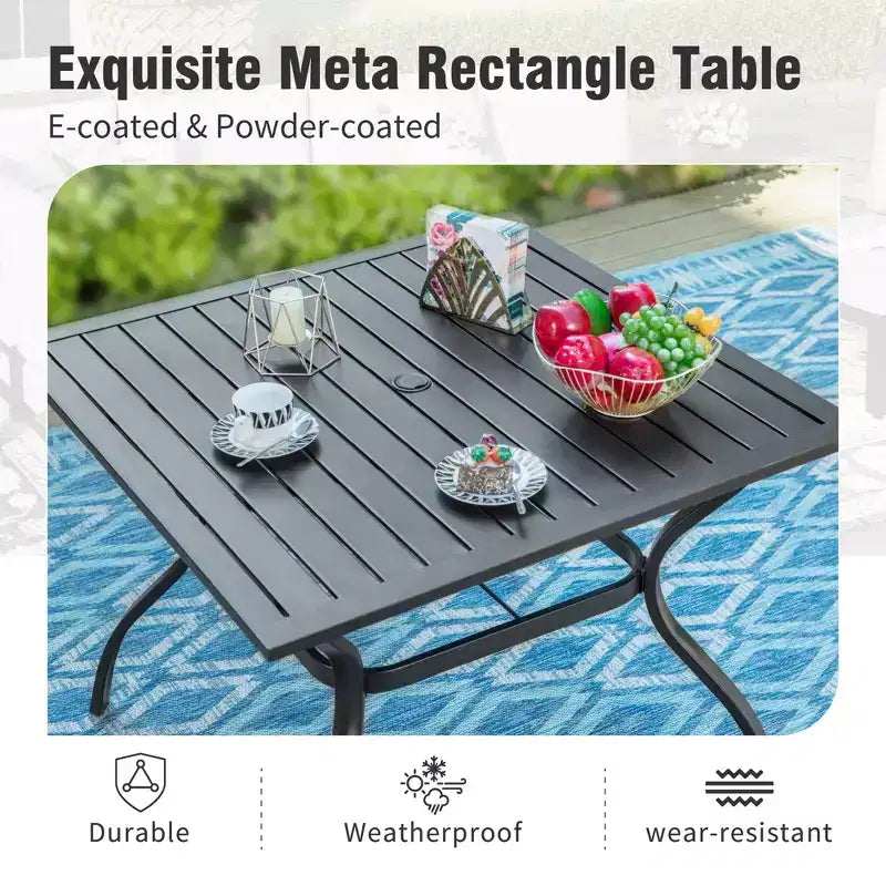 Captiva Designs 6pc Patio Slat-top Dining Steel Table & Metal Chairs with Stripe Back & Market Umbrella