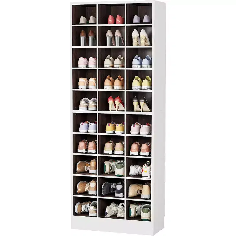 10-Tier Shoe Storage Cabinet, White and Brown Wooden Shoe Rack with 30 Cubbies for Closet, Entryway, Living Room