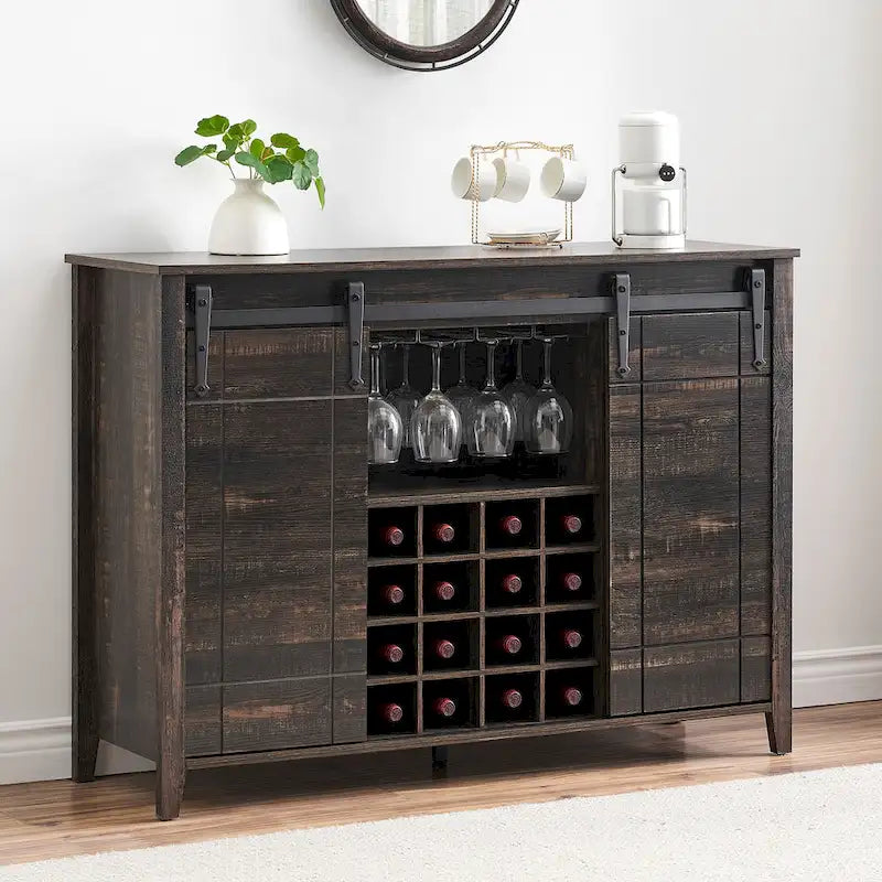 Farmhouse 47 Wine Bar Cabinet Buffet Sideboard Cabinet with 16 Bottle Wine Rack - 15.7D x 47.2W x 34.61H