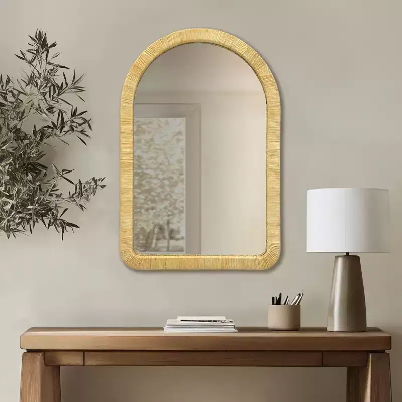 Okak Natural Rattan Design Decor Wall Mirror for Bedroom,Coffee Shop,Indoor Large Round/Arched Vanity Mirror